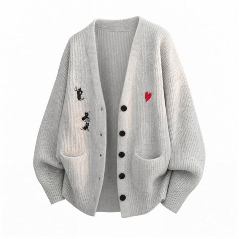 M-4XL 柔らかい クリームカラー 刺繍 ゆったり ルーズシルエット ニットカーディガン M ベージュ