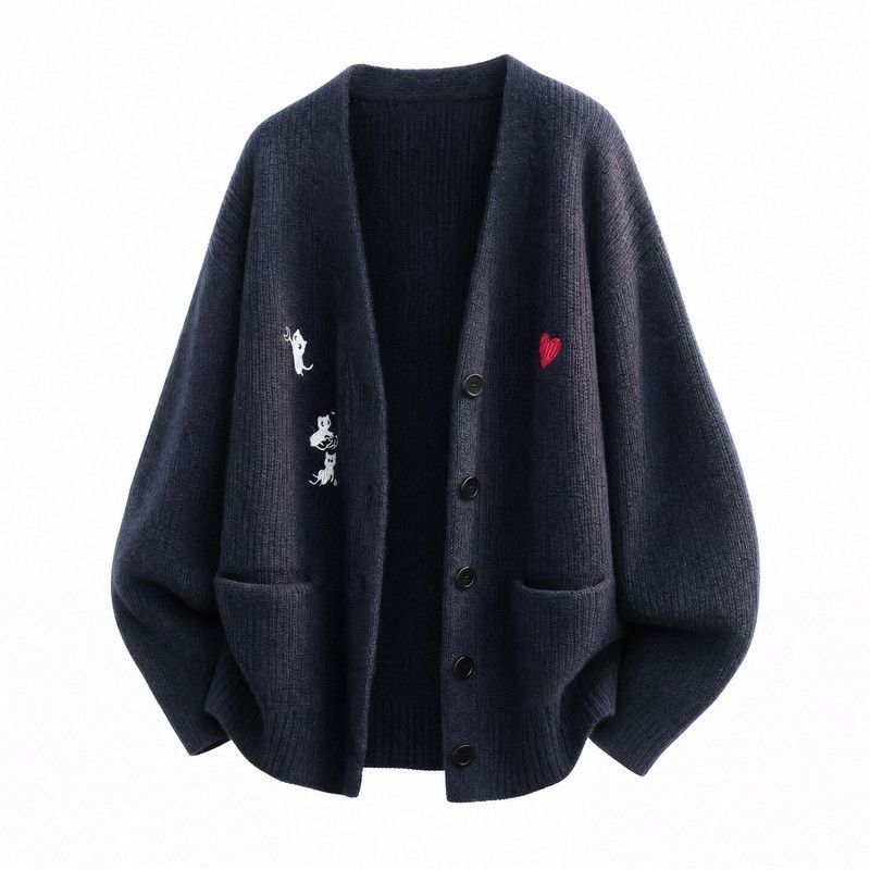 M-4XL 柔らかい クリームカラー 刺繍 ゆったり ルーズシルエット ニットカーディガン M ベージュ