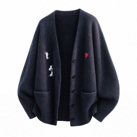 M-4XL 柔らかい クリームカラー 刺繍 ゆったり ルーズシルエット ニットカーディガン M ベージュ