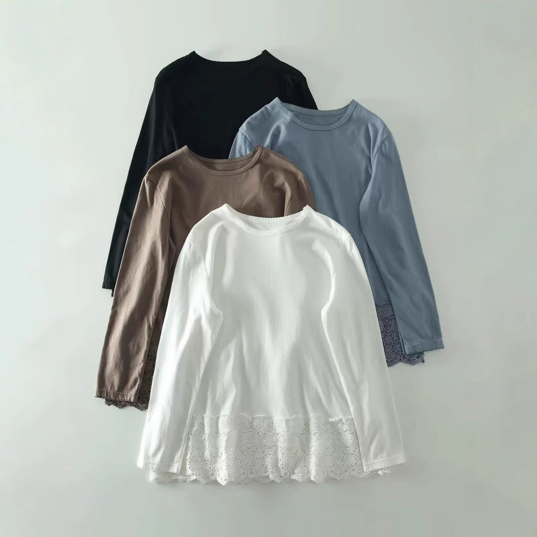 F テクスチャ コットン 柔らかい 無地 切り替え レース Tシャツ フリー ホワイト