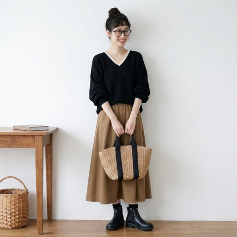 S-L 人気新品 配色 長袖 フェミニン Vネック トップス+Aライン スカート 2点セット L カーキ