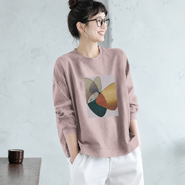 M-2XL プリント ノーマルスリーブ 幾何模様 着回し 長袖 カジュアル Tシャツ 2XL ピンク