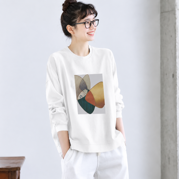 M-2XL プリント ノーマルスリーブ 幾何模様 着回し 長袖 カジュアル Tシャツ 2XL ホワイト