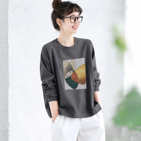 M-2XL プリント ノーマルスリーブ 幾何模様 着回し 長袖 カジュアル Tシャツ 2XL ダークグレー