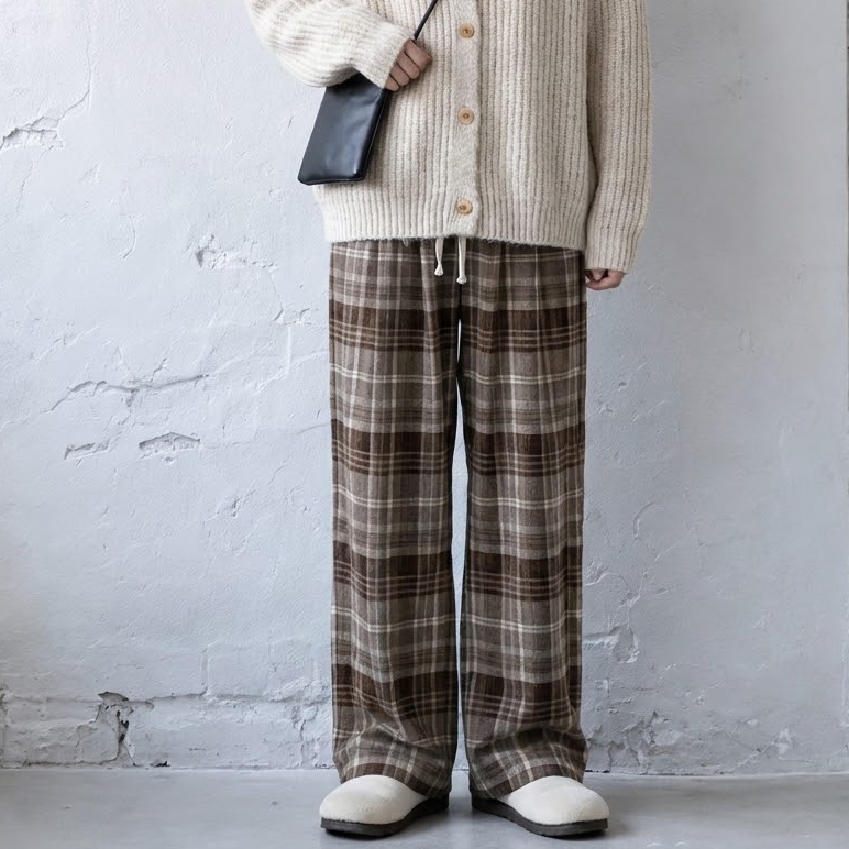 L-6XL チェック柄 ポケット付き  ロング丈  ストレートパンツ L ダークグレー (通常タイプ)