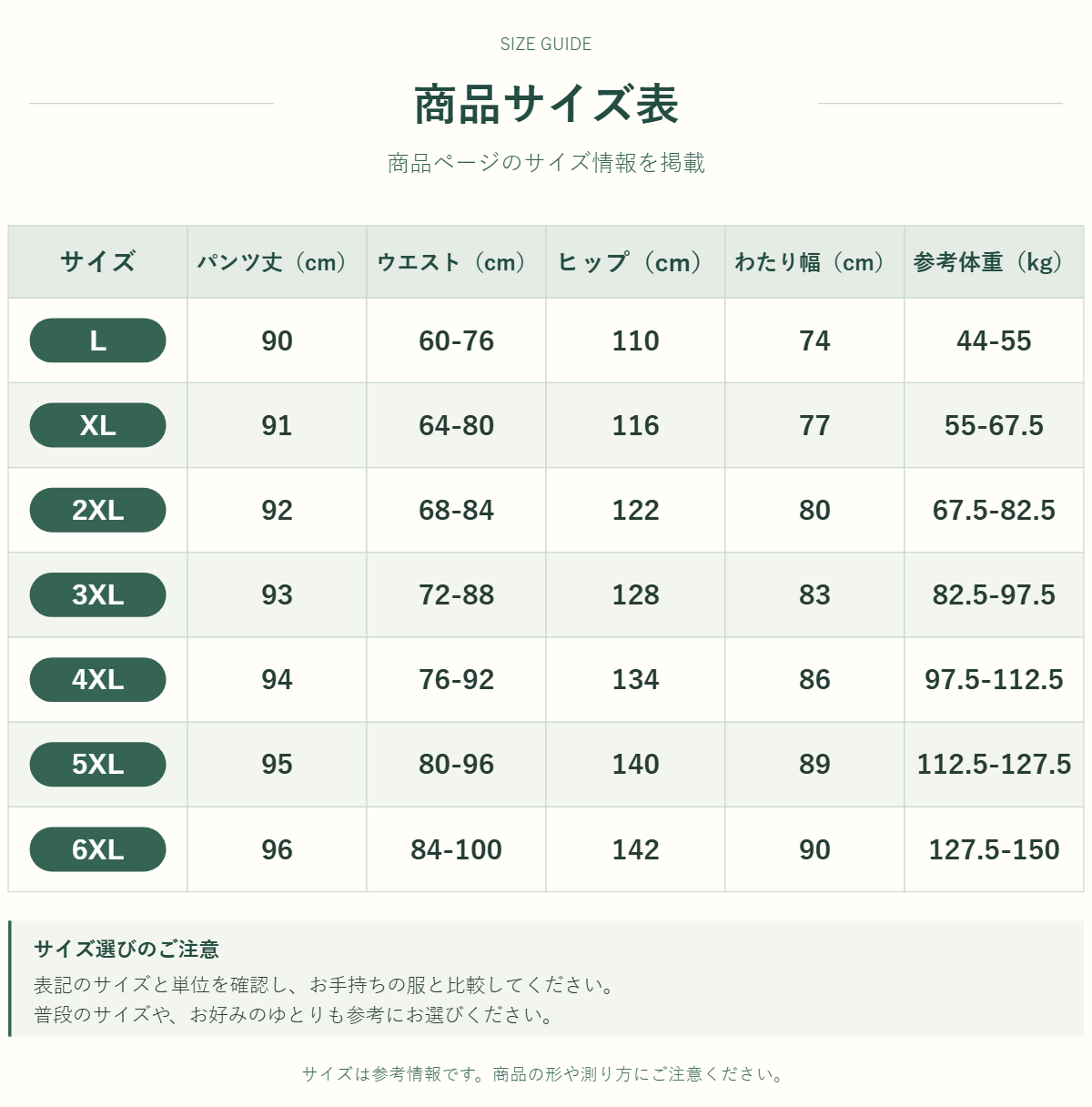 パンツのサイズ表