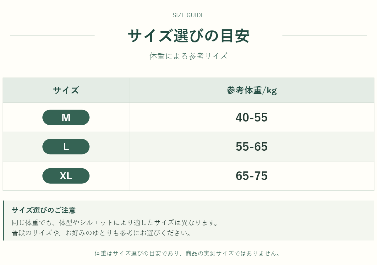 アウター・トップスのサイズ表