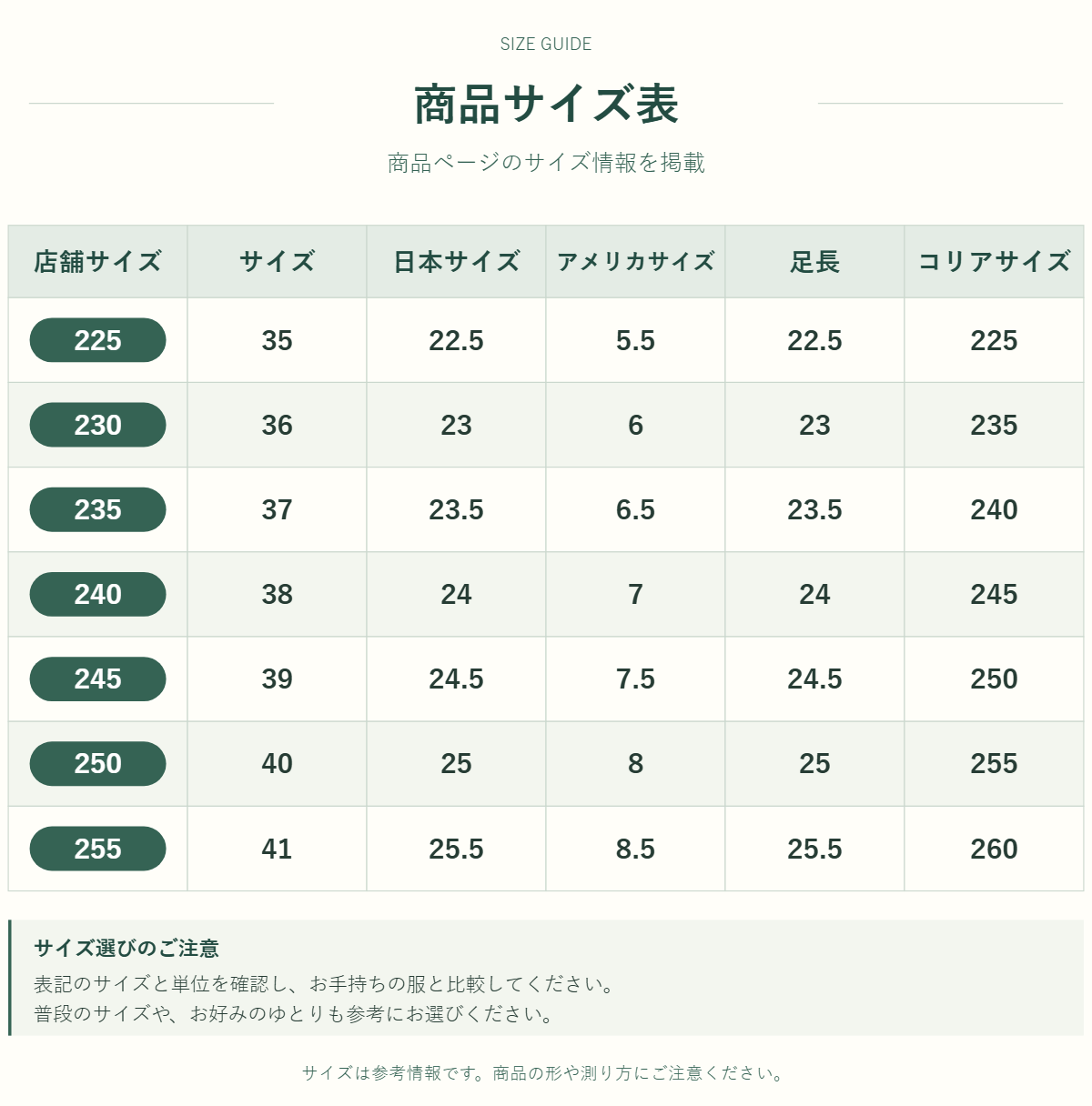 ヒールシューズのサイズ表