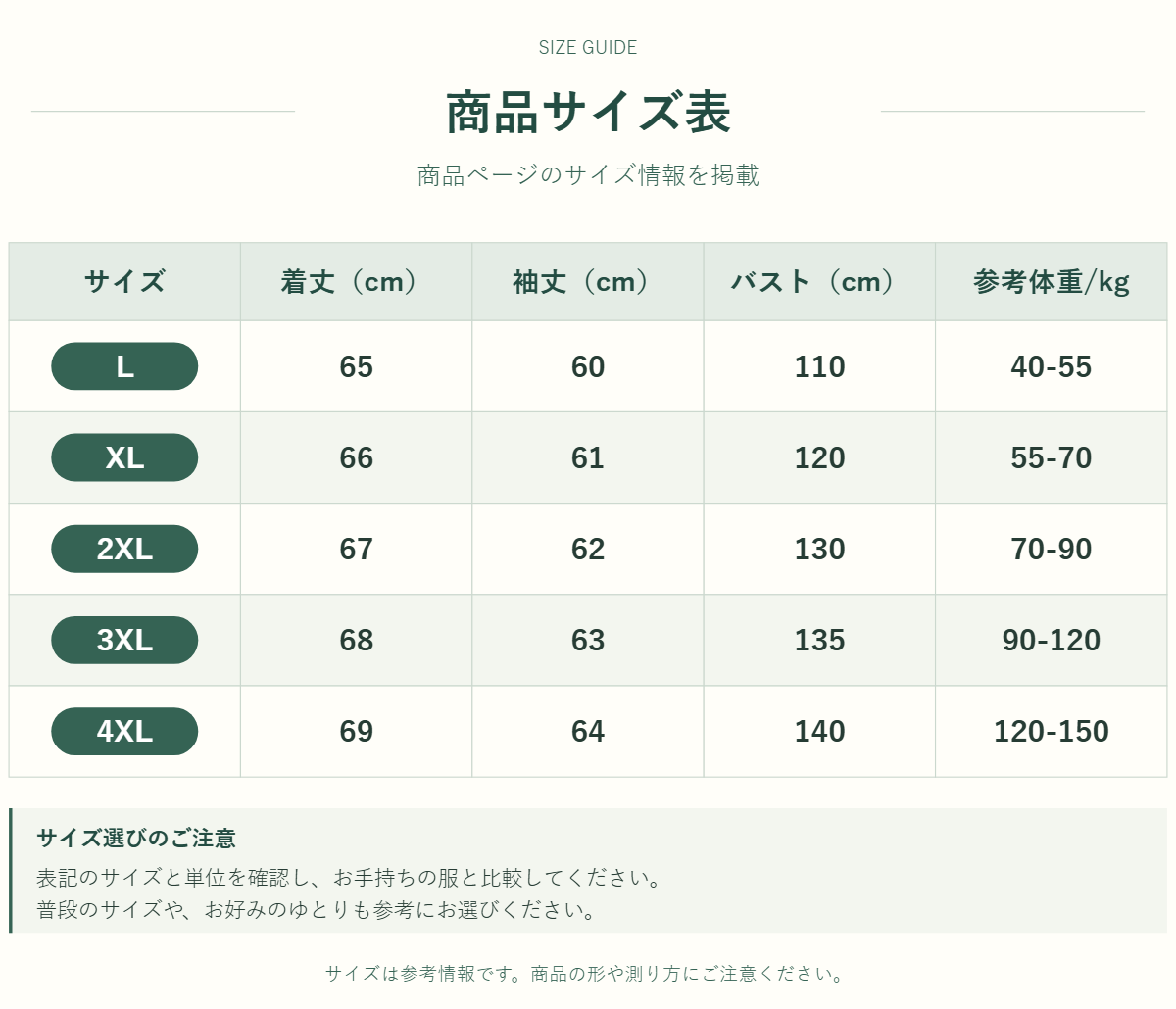 アウター・トップスのサイズ表