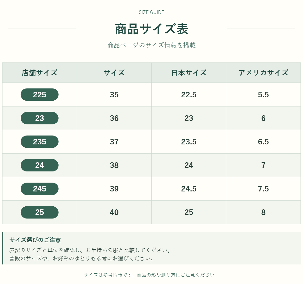 ヒールシューズのサイズ表