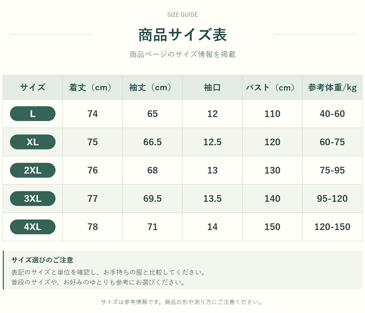 アウター・トップスのサイズ表
