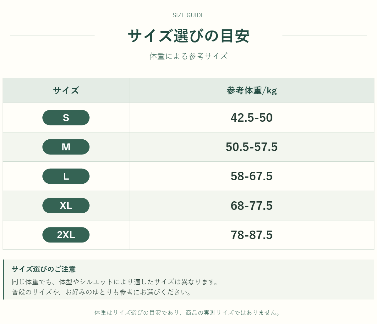 アウター・トップスのサイズ表