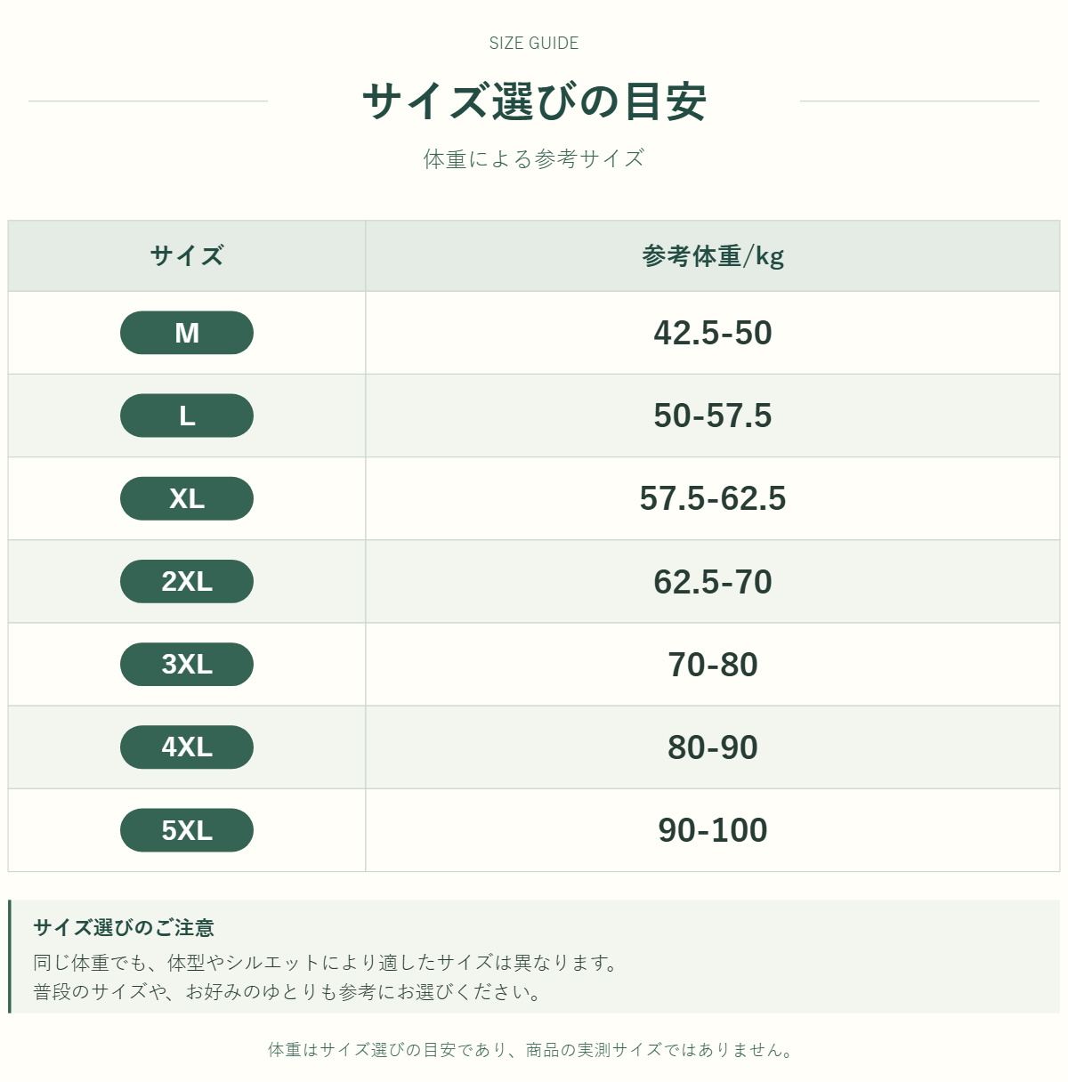 アウター・トップスのサイズ表