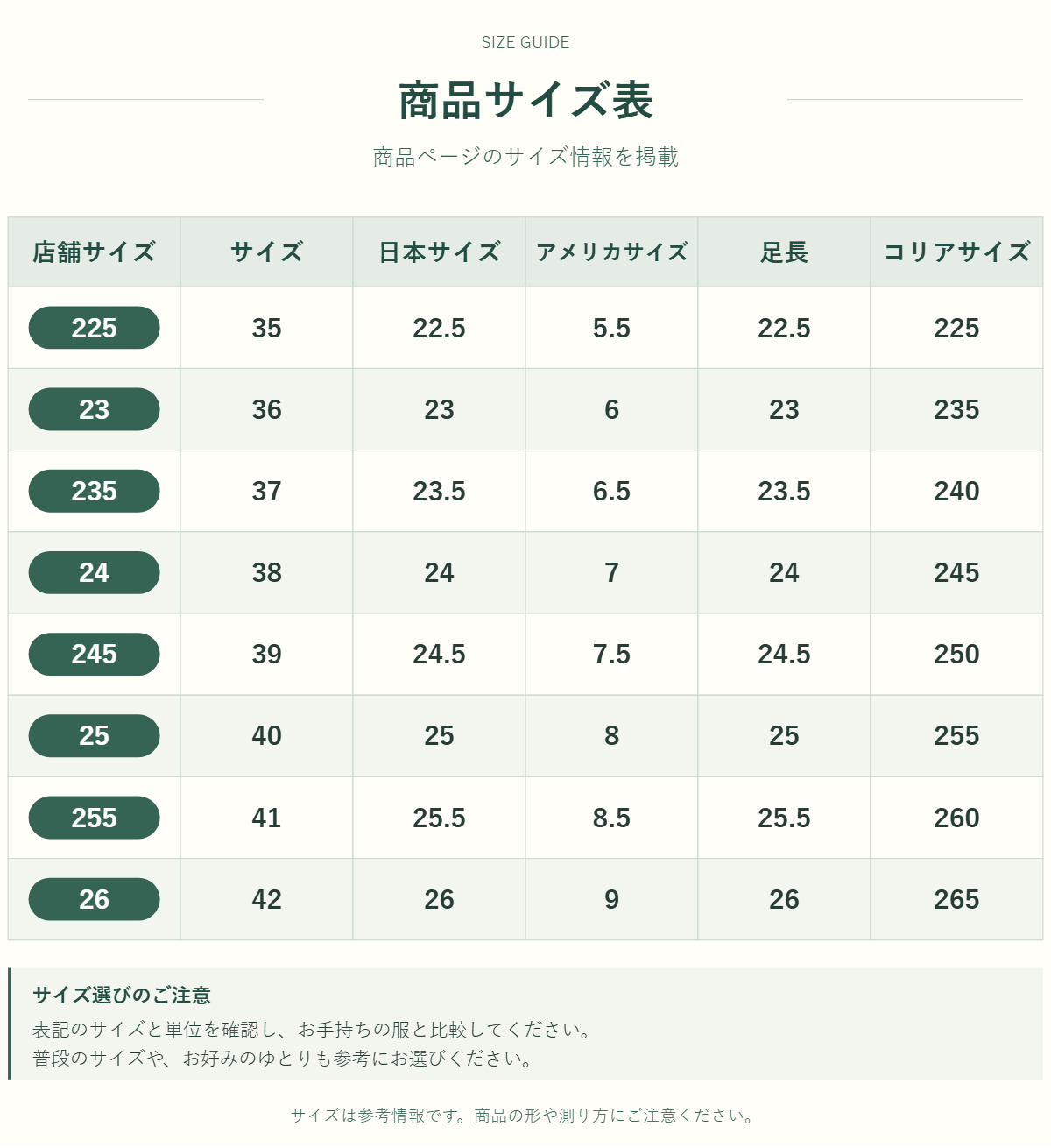 ヒールシューズのサイズ表