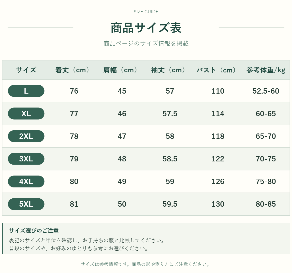 アウター・トップスのサイズ表