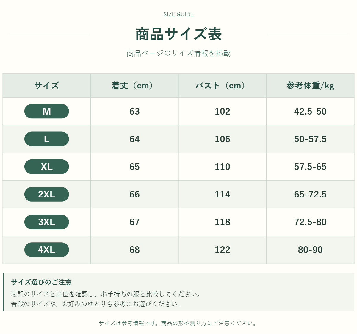 アウター・トップスのサイズ表
