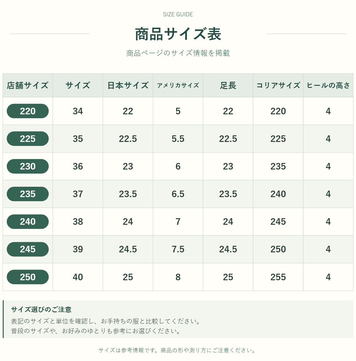 ヒールシューズのサイズ表