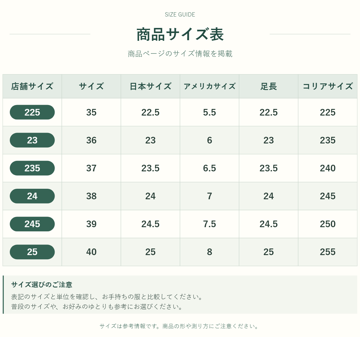 ヒールシューズのサイズ表