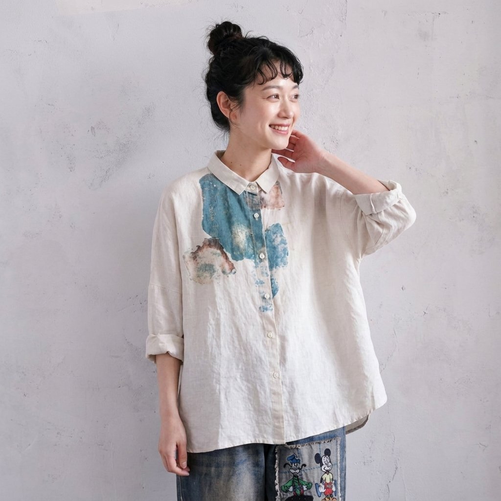 プリント 綿麻 長袖 カジュアルシャツ M ベージュ