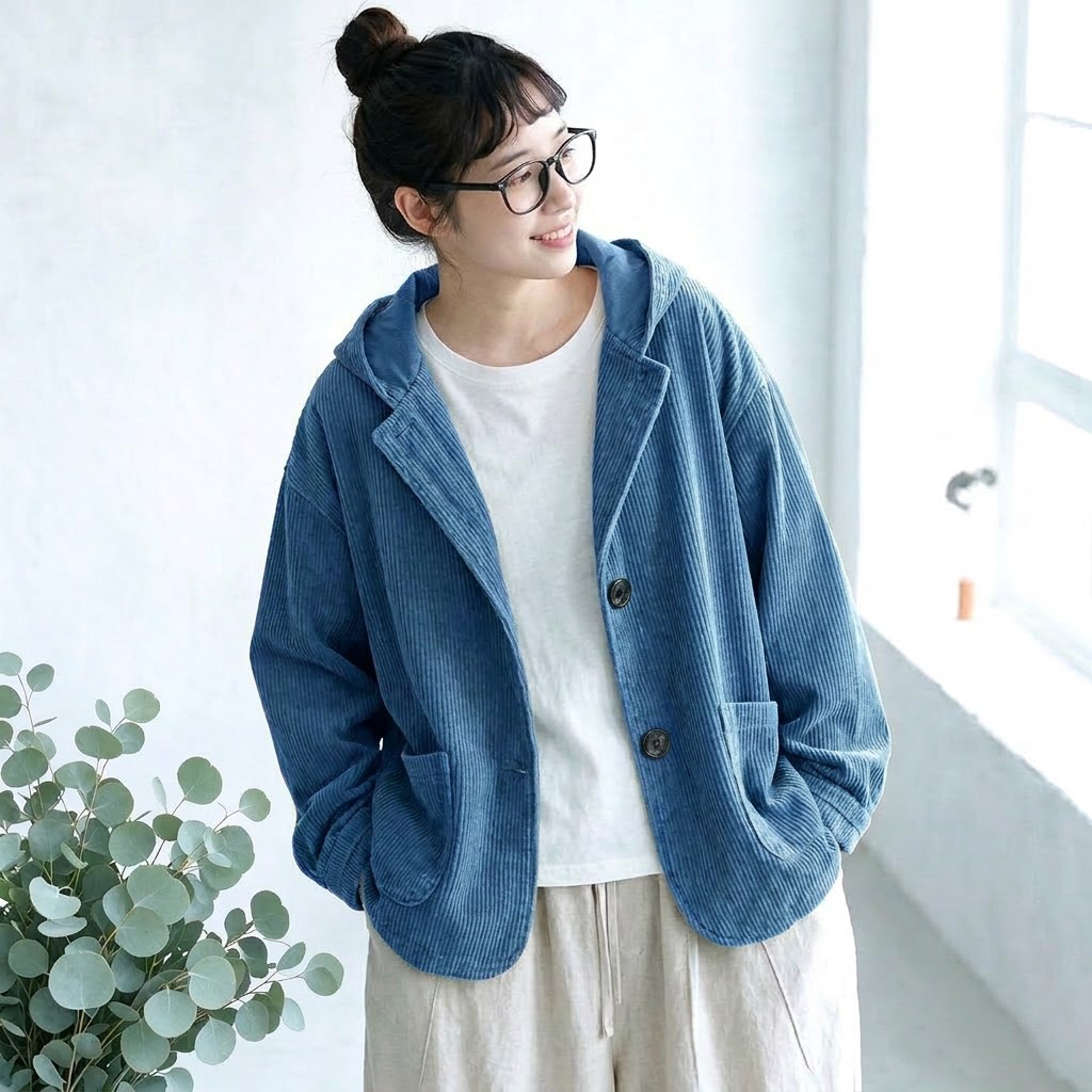 S-2XL コーデュロイ ぬくもりひとさじなフードジャケット S ブルー