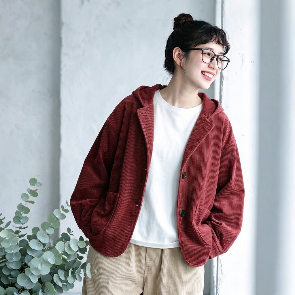 S-2XL コーデュロイ ぬくもりひとさじなフードジャケット S ダークレッド