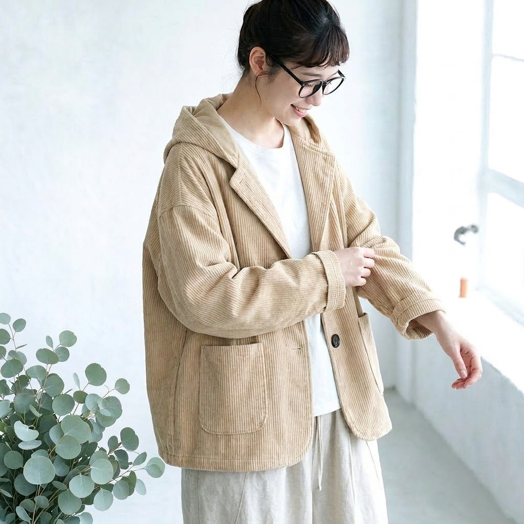 S-2XL コーデュロイ ぬくもりひとさじなフードジャケット S アプリコット