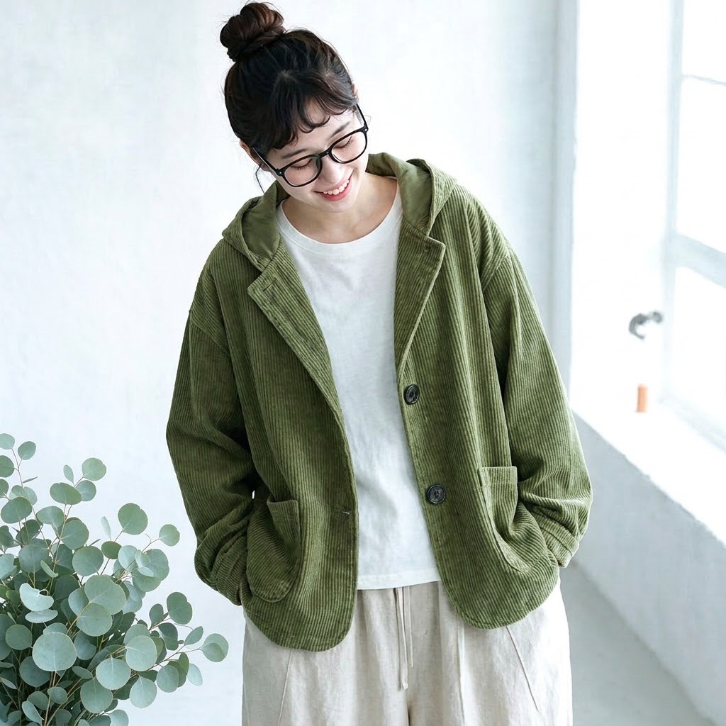 S-2XL コーデュロイ ぬくもりひとさじなフードジャケット S グリーン