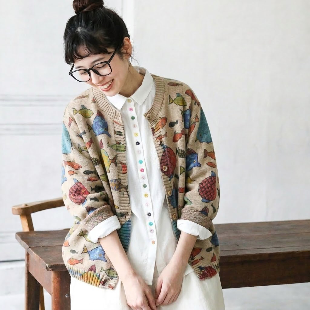 L-5XL さりげない小魚柄のカーディガン L ベージュ