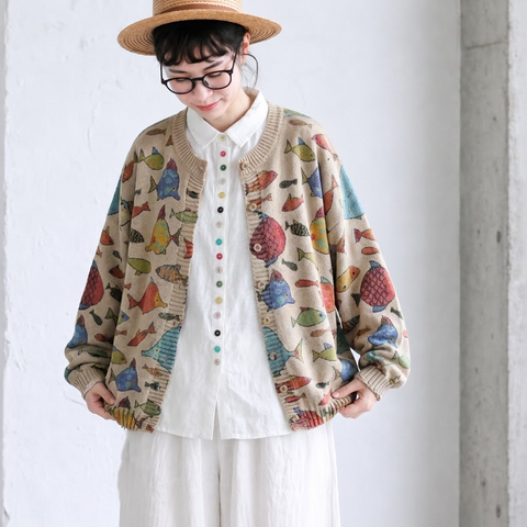 L-5XL さりげない小魚柄のカーディガン L ベージュ