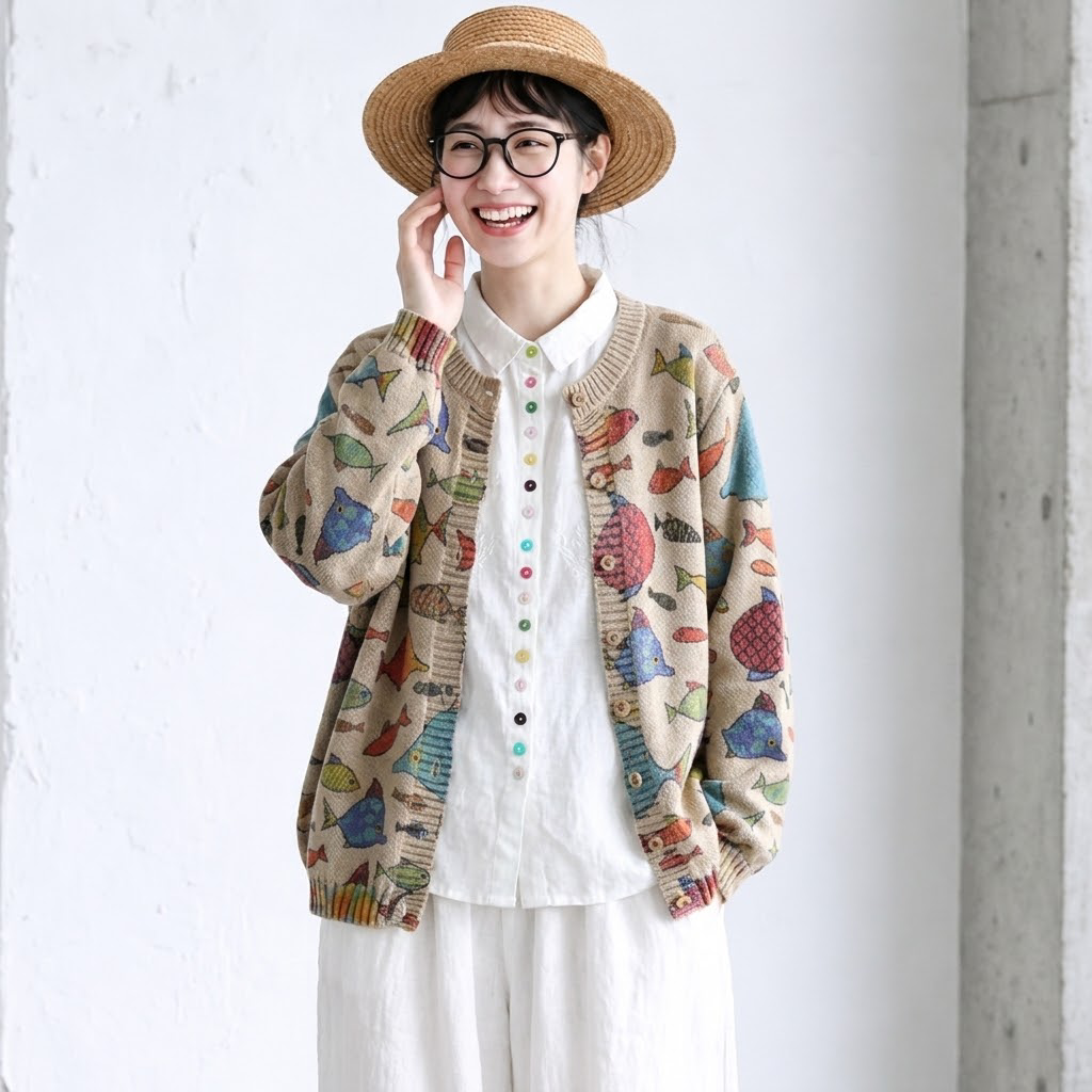 L-5XL さりげない小魚柄のカーディガン L ベージュ
