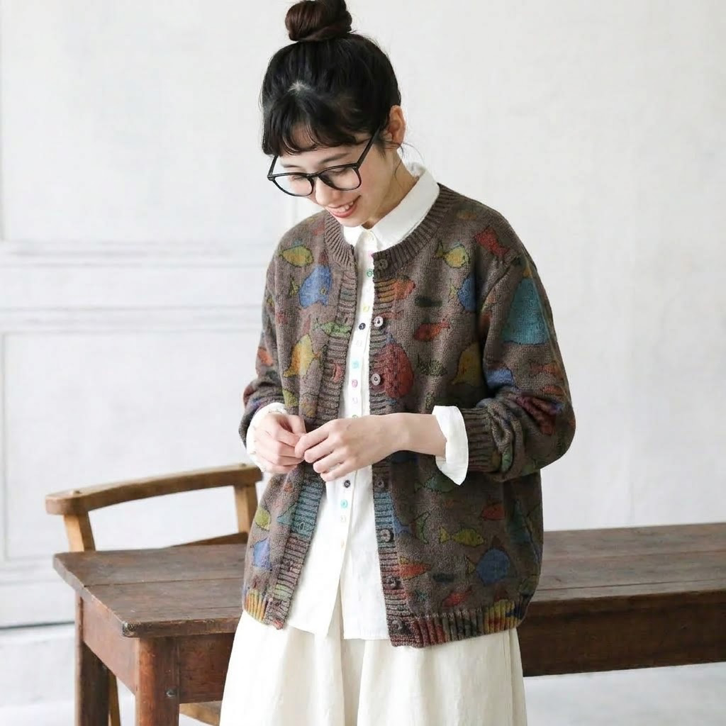 L-5XL さりげない小魚柄のカーディガン L ベージュ