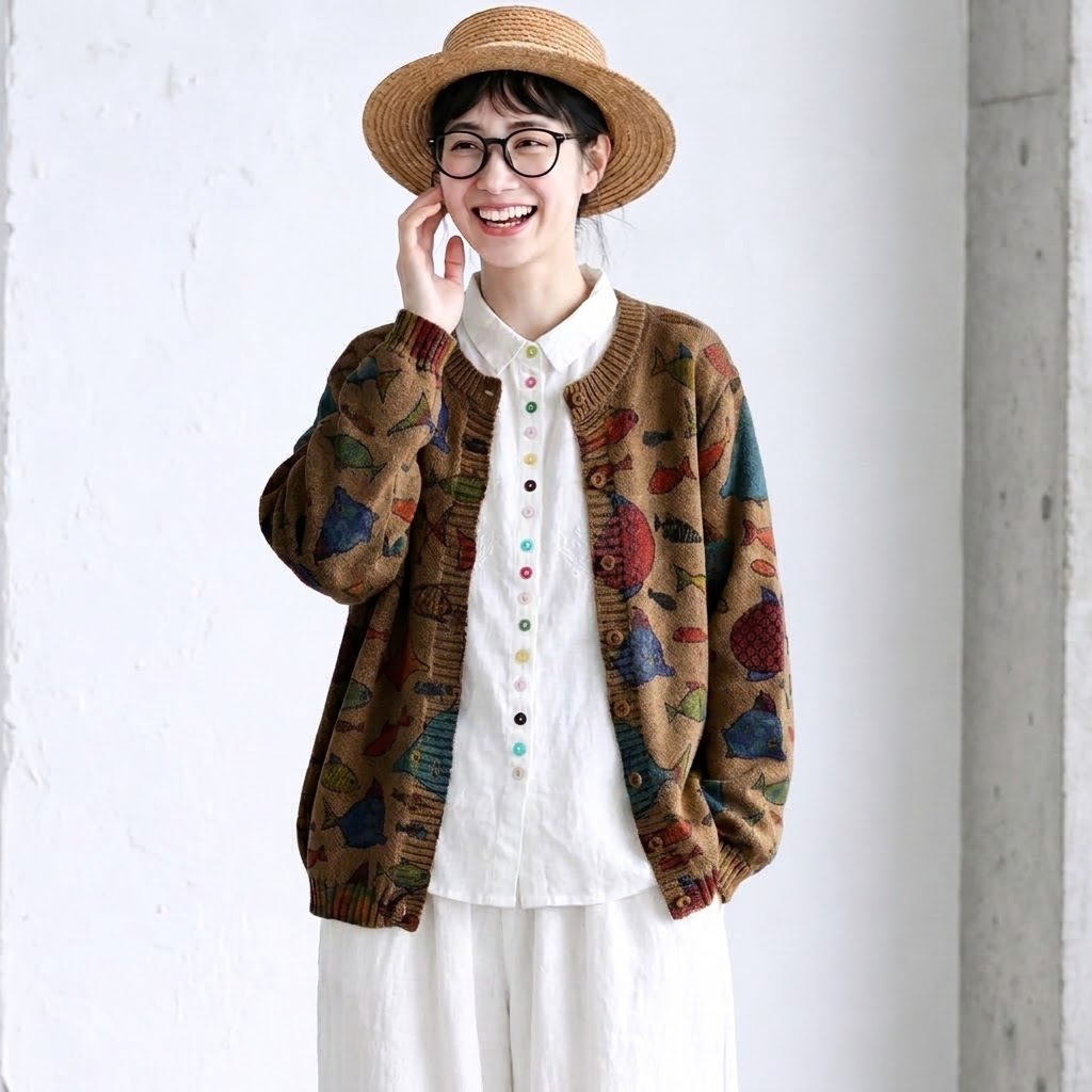 L-5XL さりげない小魚柄のカーディガン L ベージュ