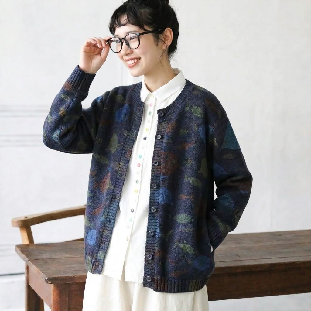 L-5XL さりげない小魚柄のカーディガン L ベージュ