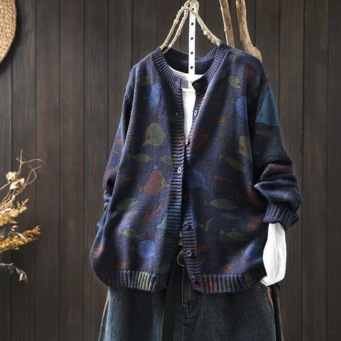 L-5XL さりげない小魚柄のカーディガン L ベージュ