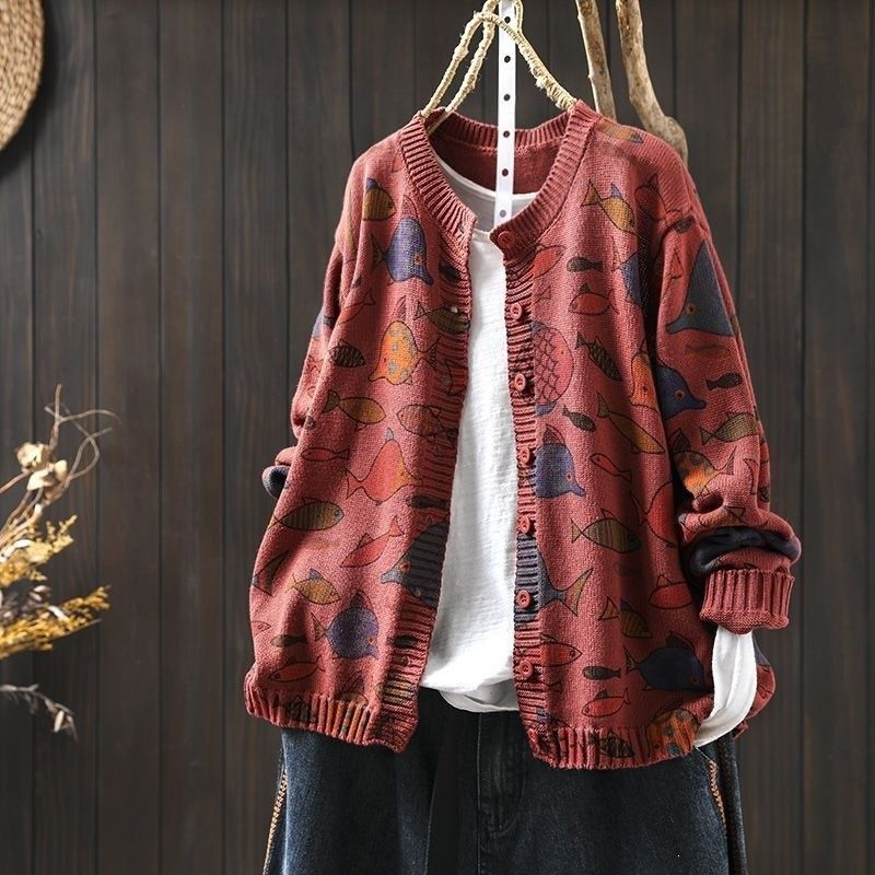 L-5XL さりげない小魚柄のカーディガン L ベージュ
