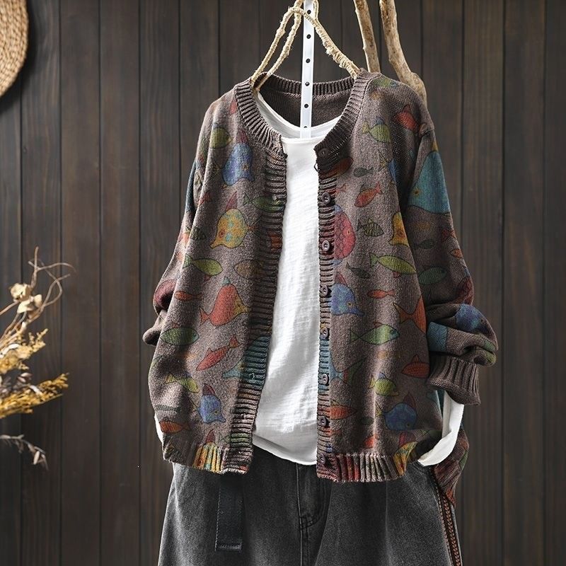 L-5XL さりげない小魚柄のカーディガン L ベージュ
