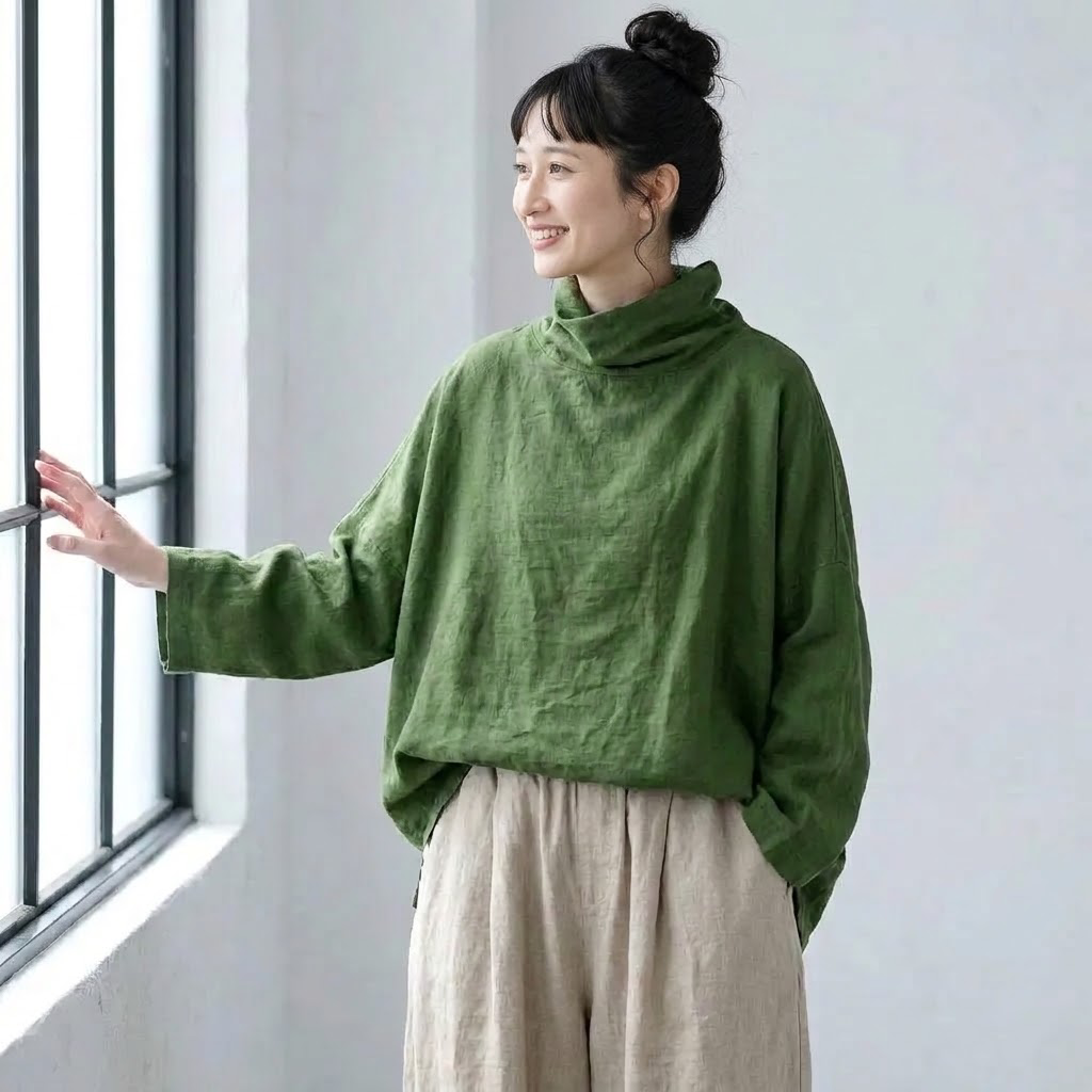 ありのままの私で。ハイネック 体型カバー 大人ナチュラル ブラウス フリー グリーン