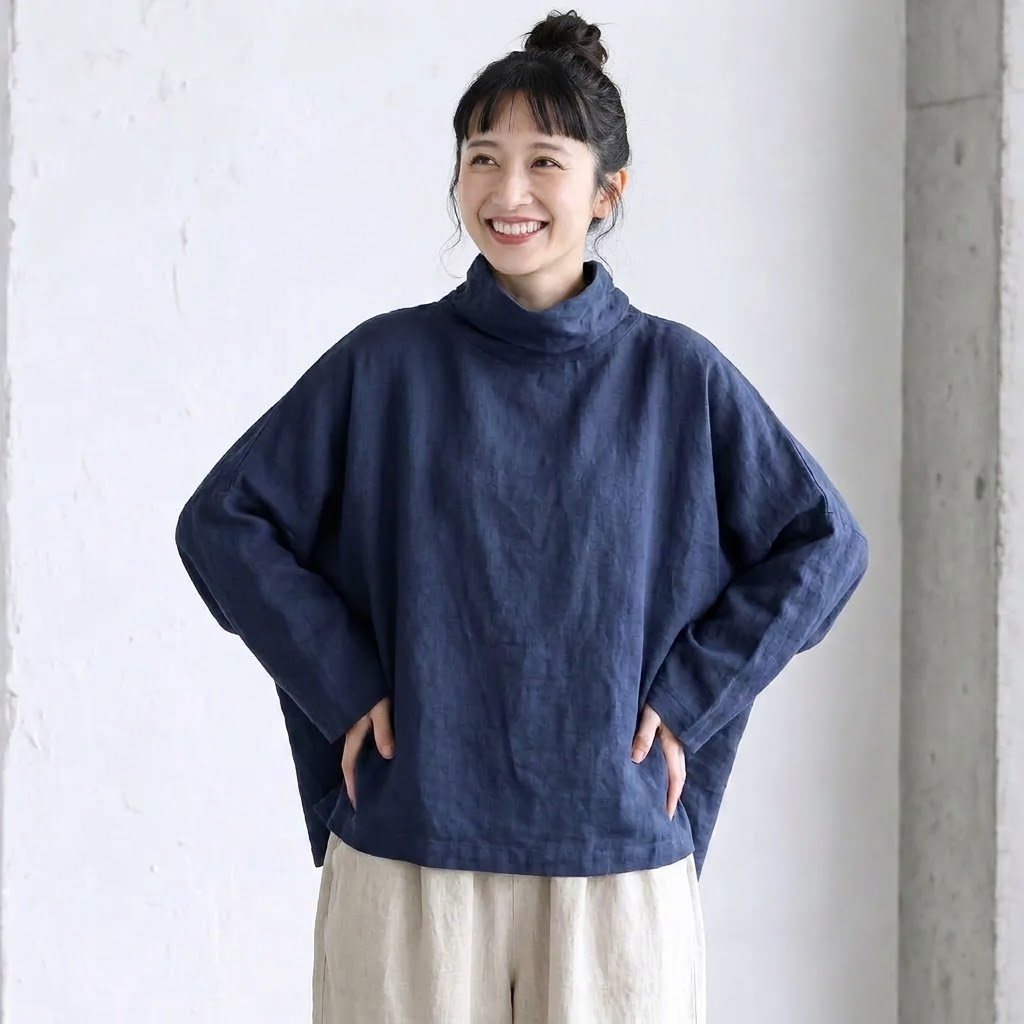 ありのままの私で。ハイネック 体型カバー 大人ナチュラル ブラウス フリー ネイビー