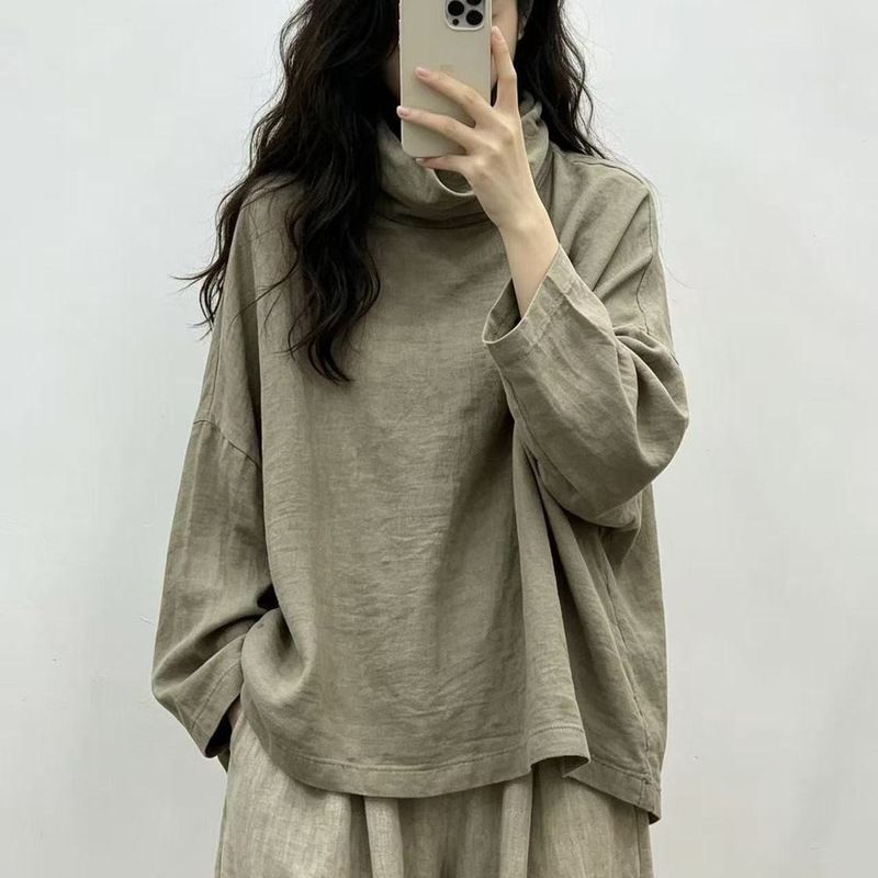 ありのままの私で。ハイネック 体型カバー 大人ナチュラル ブラウス フリー ダークカーキ