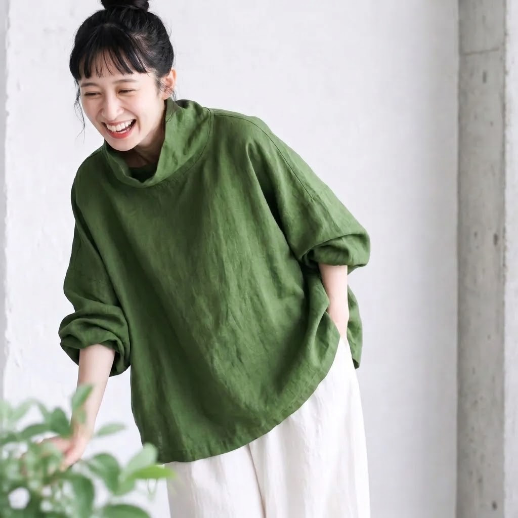 ありのままの私で。ハイネック 体型カバー 大人ナチュラル ブラウス フリー グリーン