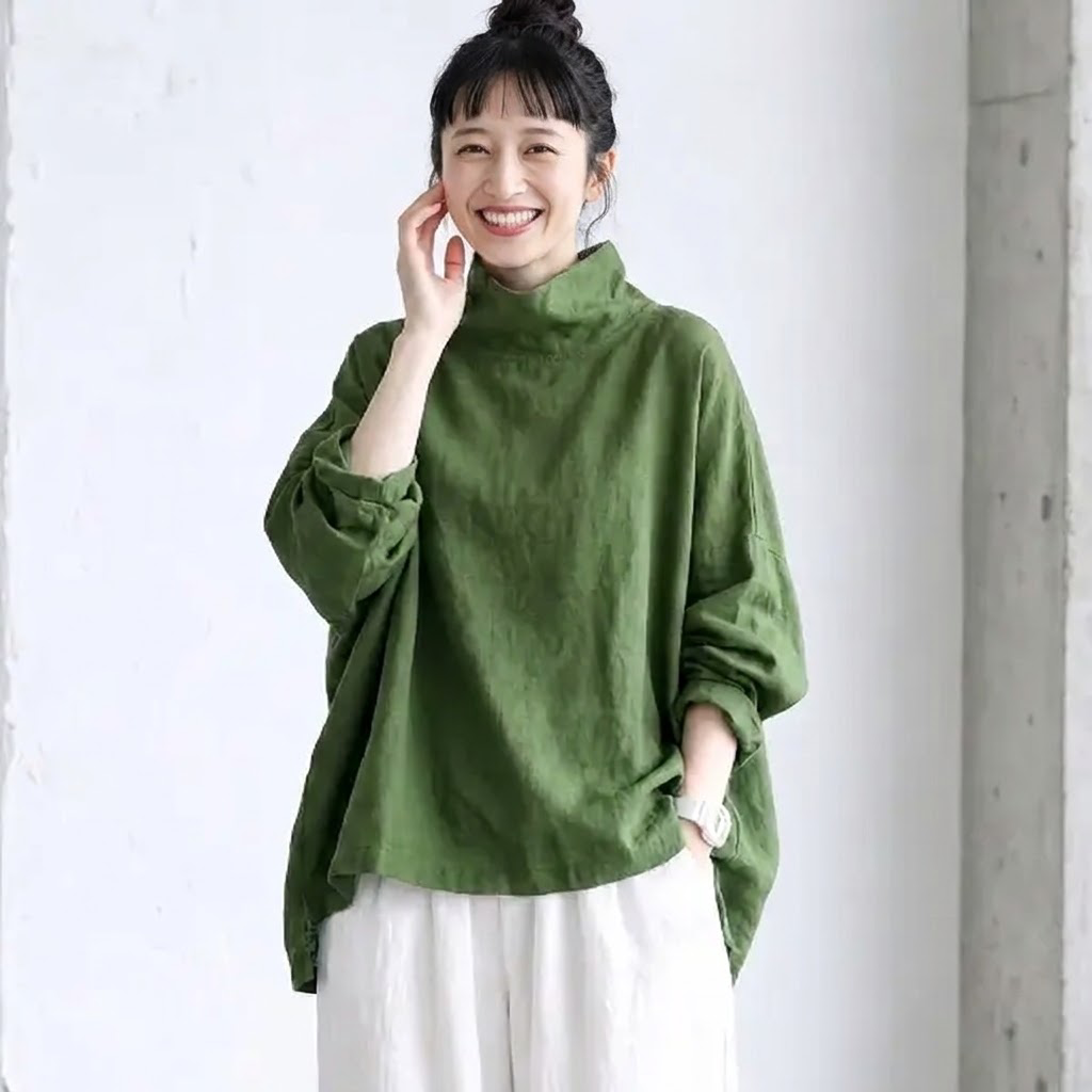 ありのままの私で。ハイネック 体型カバー 大人ナチュラル ブラウス フリー グリーン