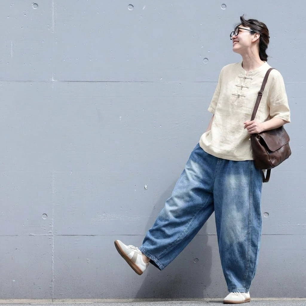 M-3XL デニム ウエストゴム 体型カバー ハーレムパンツ M ライトブルー