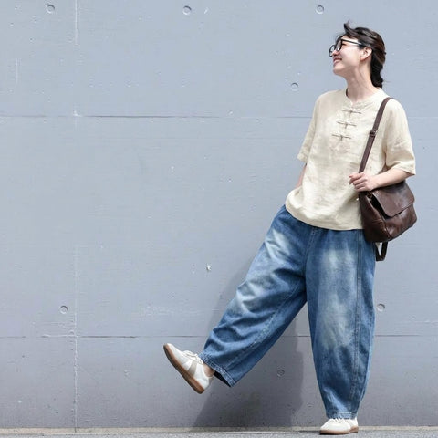 M-3XL デニム ウエストゴム 体型カバー ハーレムパンツ M ライトブルー