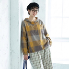 XL-4XL  チェック柄 長袖 フード付き カジュアル Tシャツ XL ブラック