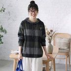 XL-4XL  チェック柄 長袖 フード付き カジュアル Tシャツ XL ブラック