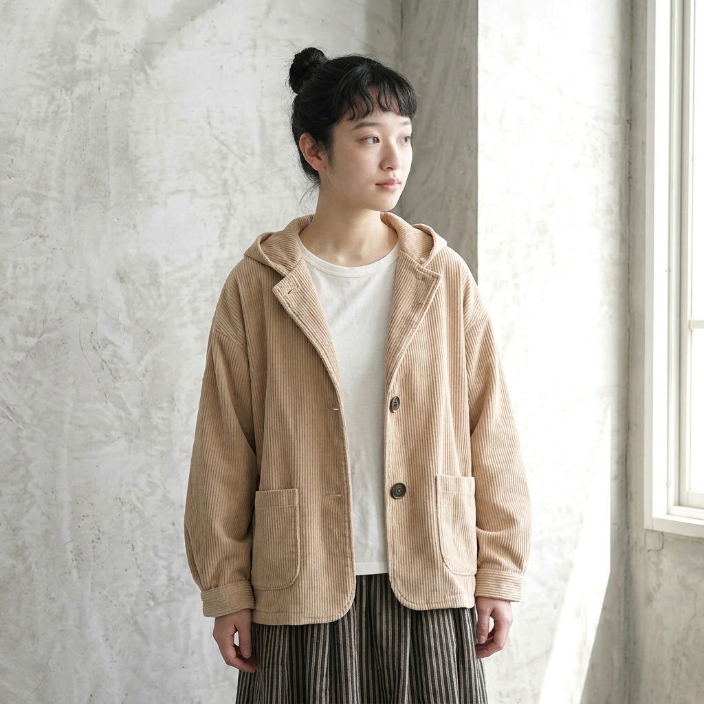 コーデュロイゆったり長袖パーカージャケット M アプリコット