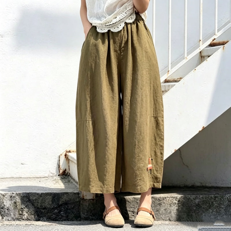 M-5XL 綿麻 アンクル丈（9分丈） 肌触り柔らかい 刺繍 カートゥーン ビックシルエット ファッション ガウチョパンツ M ベージュ