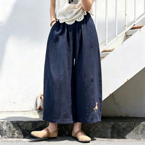 M-5XL 綿麻 アンクル丈（9分丈） 肌触り柔らかい 刺繍 カートゥーン ビックシルエット ファッション ガウチョパンツ M ダークブルー