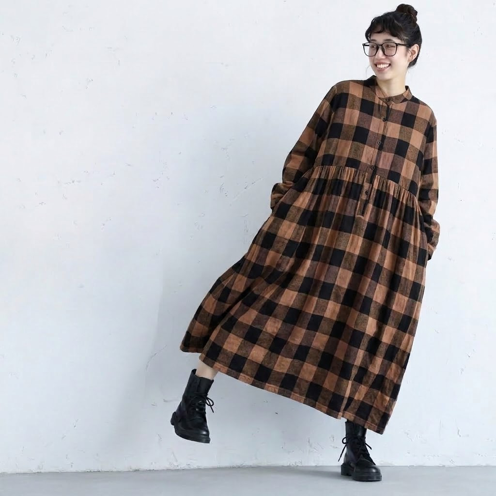 M-2XL 綿麻 長袖 プリーツ ノーマルスリーブ チェック柄 レトロ ワンピース M ブラック
