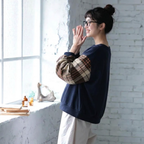 S-3XL 切り替え チェック柄 ラウンドネック カジュアル パーカー/ジャージ S ネイビー切り替え